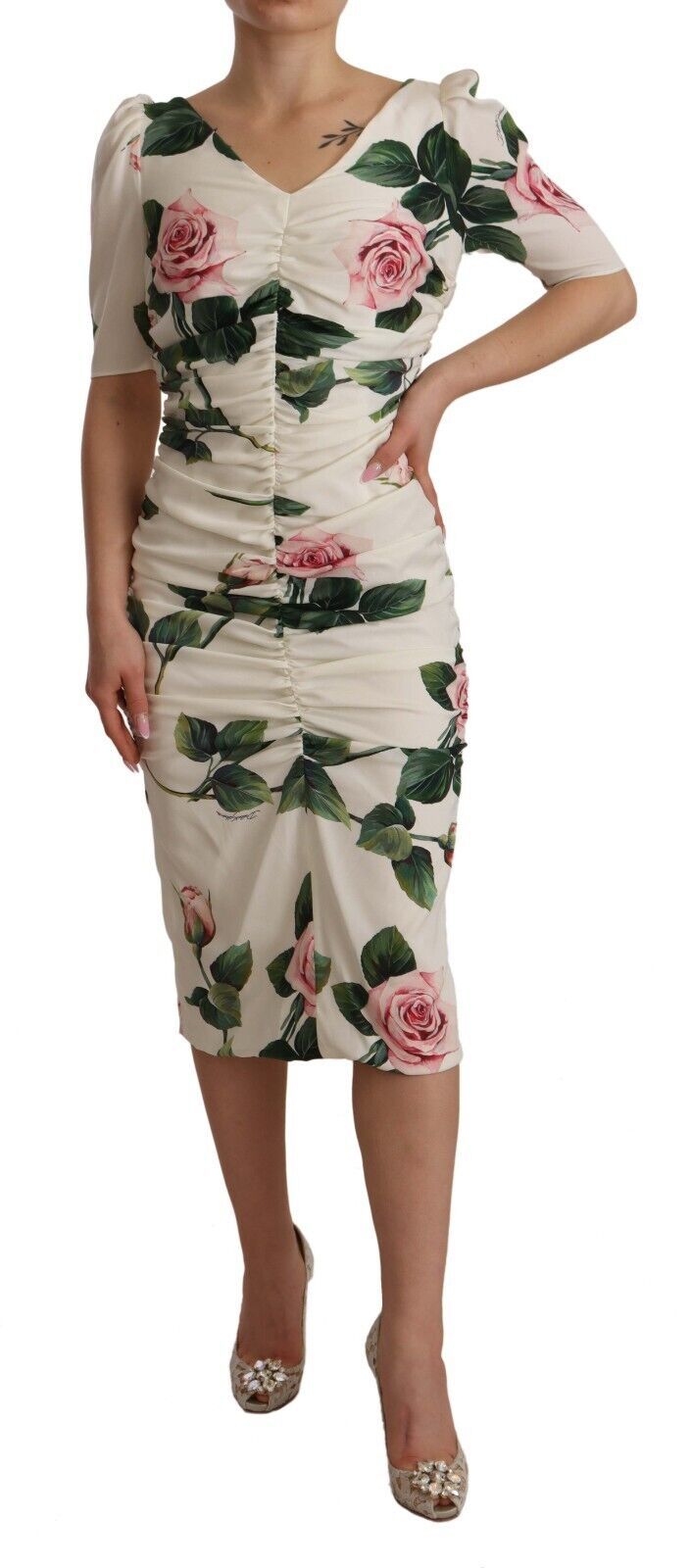 Abito plissettato in seta elasticizzata con stampa di rose bianche Dolce &amp; Gabbana