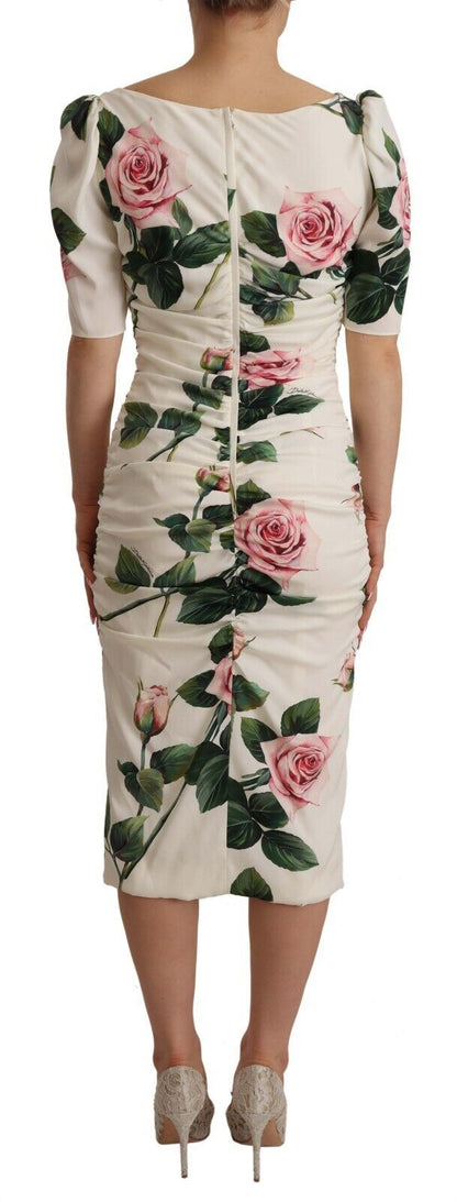 Abito plissettato in seta elasticizzata con stampa di rose bianche Dolce &amp; Gabbana
