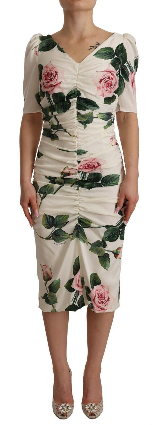 Abito plissettato in seta elasticizzata con stampa di rose bianche Dolce &amp; Gabbana