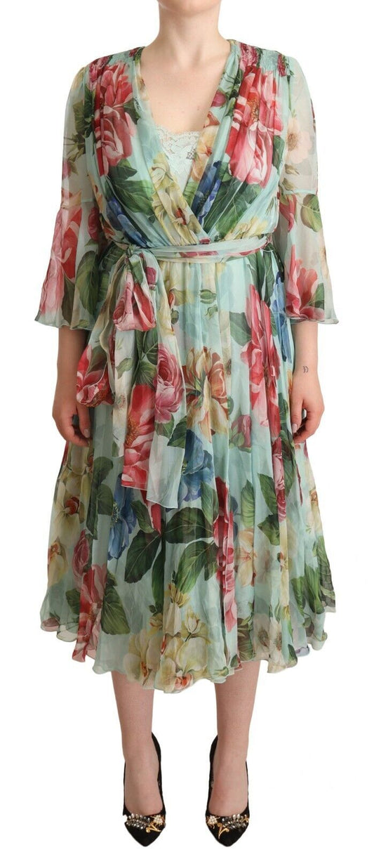 Dolce &amp; Gabbana Abito midi a maniche lunghe con scollo a V e stampa floreale verde