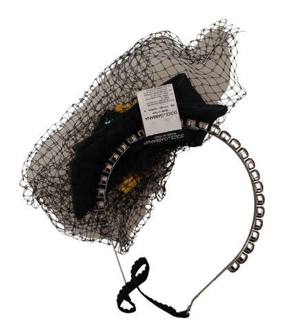 Dolce &amp; Gabbana Tiara in argento con cristalli e frutta, cerchietto con diadema in rete nera
