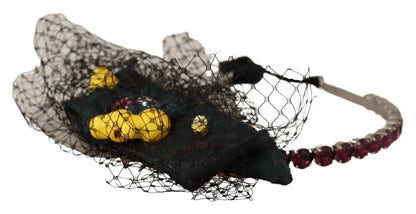 Dolce &amp; Gabbana Tiara in argento con cristalli e frutta, cerchietto con diadema in rete nera
