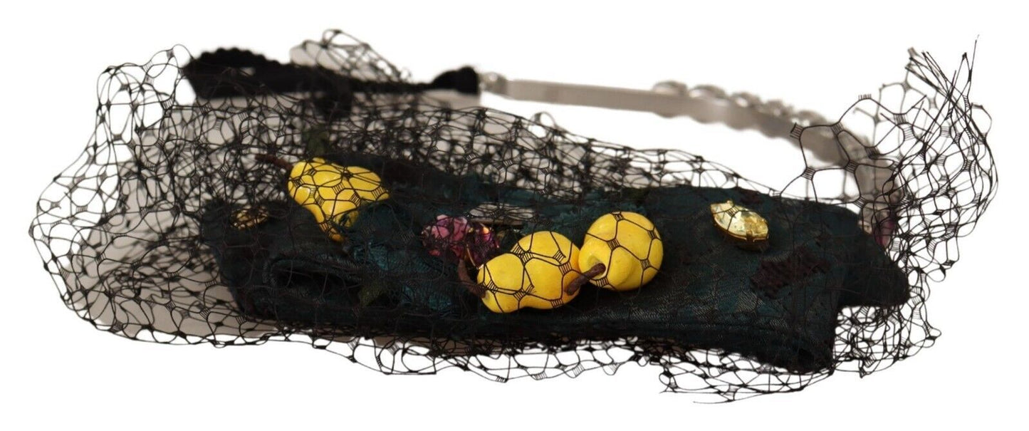 Dolce &amp; Gabbana Tiara in argento con cristalli e frutta, cerchietto con diadema in rete nera