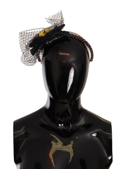 Dolce &amp; Gabbana Tiara in argento con cristalli e frutta, cerchietto con diadema in rete nera