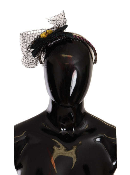 Dolce &amp; Gabbana Tiara in argento con cristalli e frutta, cerchietto con diadema in rete nera
