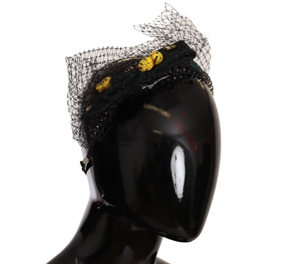 Dolce &amp; Gabbana Tiara in argento con cristalli e frutta, cerchietto con diadema in rete nera