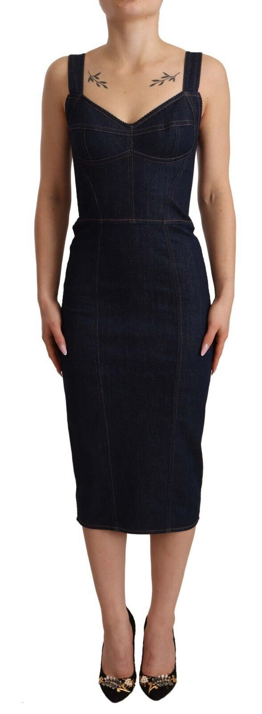 Abito midi in denim di cotone blu scuro Dolce &amp; Gabbana