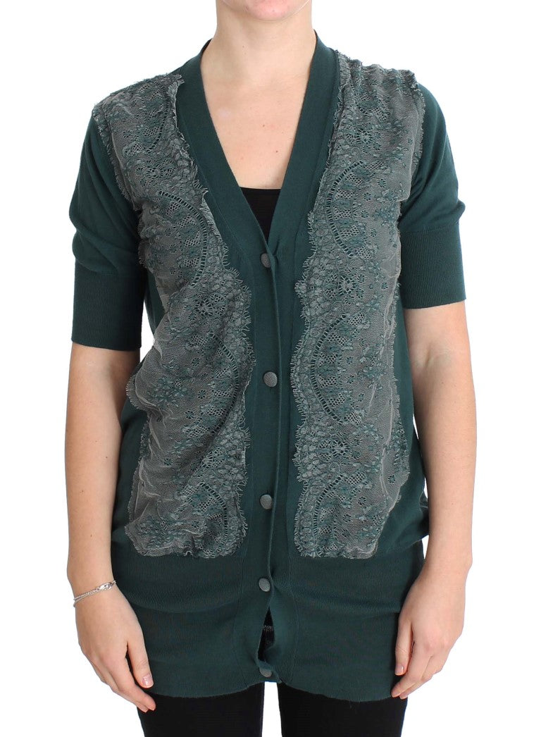 PINK MEMORIES Maglione cardigan in pizzo verde in cotone
