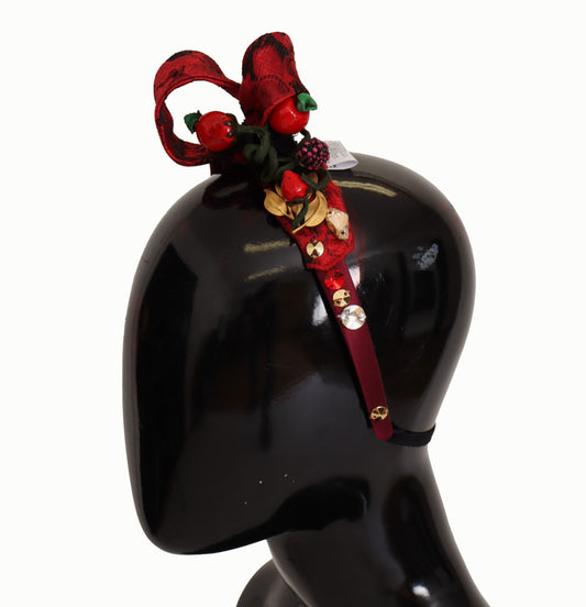 Dolce &amp; Gabbana Cherry Silk Crystal Bow Logo Diadema Tiara Cerchietto
