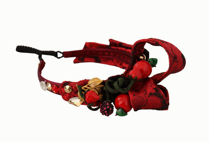 Dolce &amp; Gabbana Cherry Silk Crystal Bow Logo Diadema Tiara Cerchietto