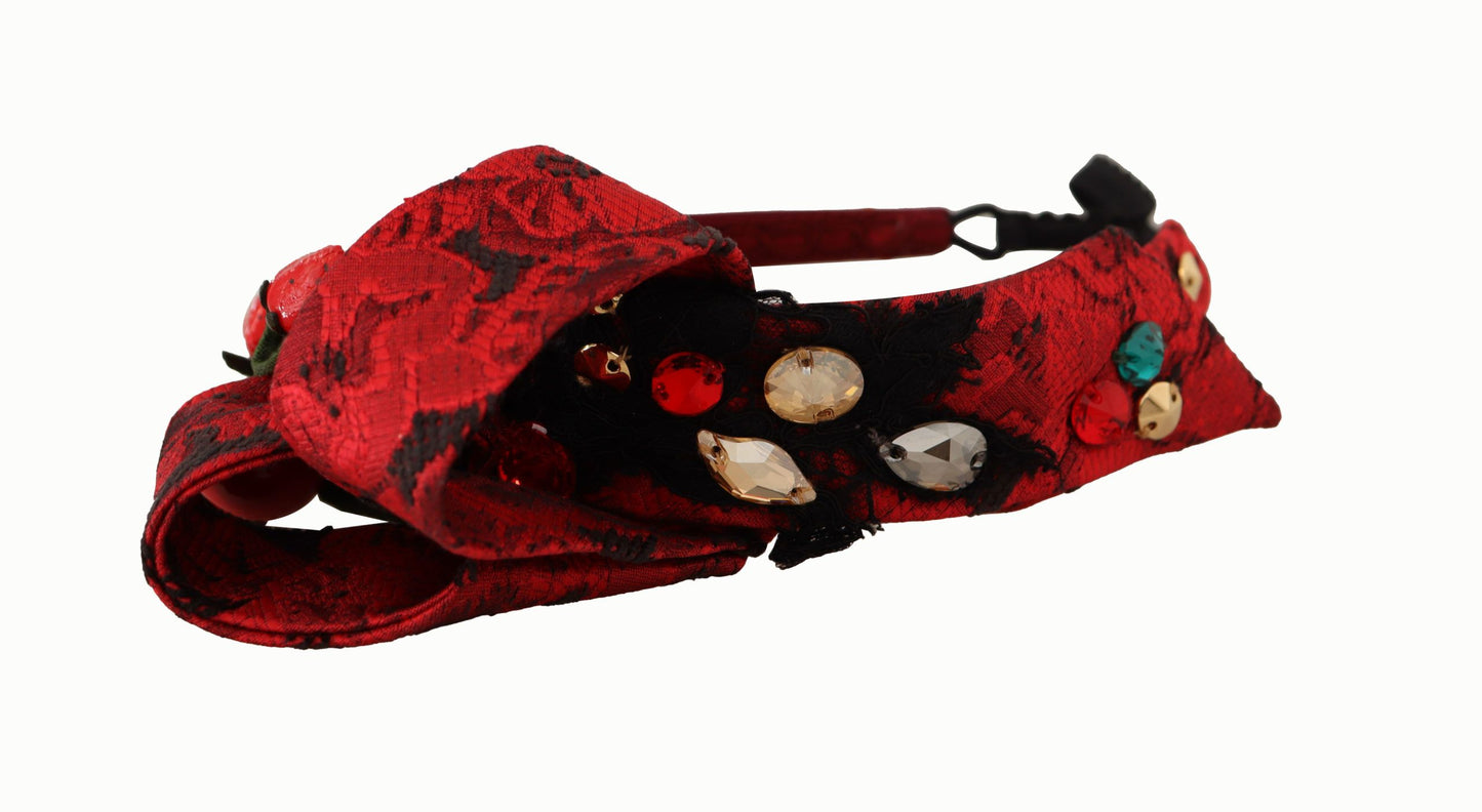 Dolce &amp; Gabbana Cherry Silk Crystal Bow Logo Diadema Tiara Cerchietto
