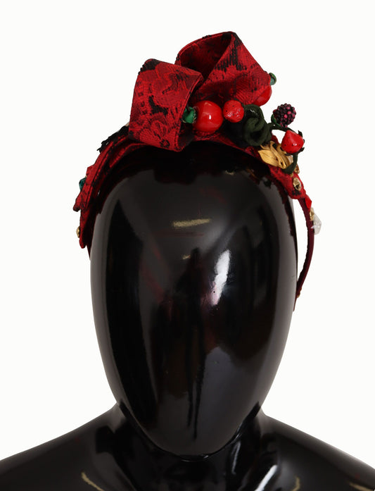 Dolce &amp; Gabbana Cherry Silk Crystal Bow Logo Diadema Tiara Cerchietto