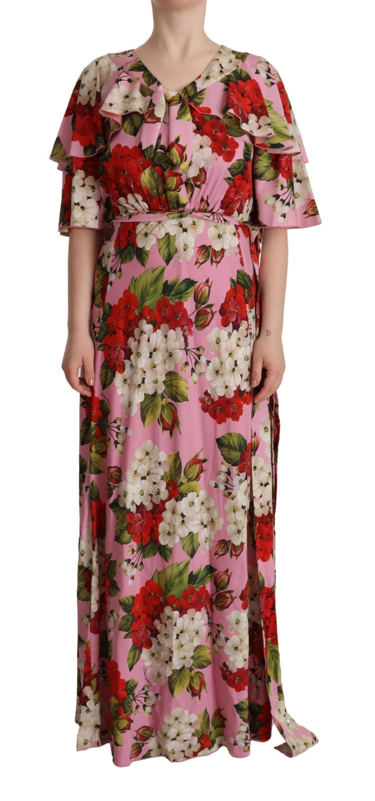 Abito lungo in seta elasticizzata con stampa floreale rosa Dolce &amp; Gabbana
