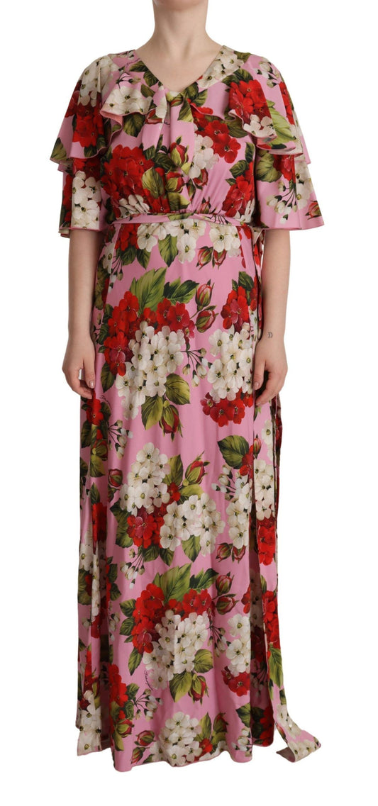 Abito lungo in seta elasticizzata con stampa floreale rosa Dolce &amp; Gabbana