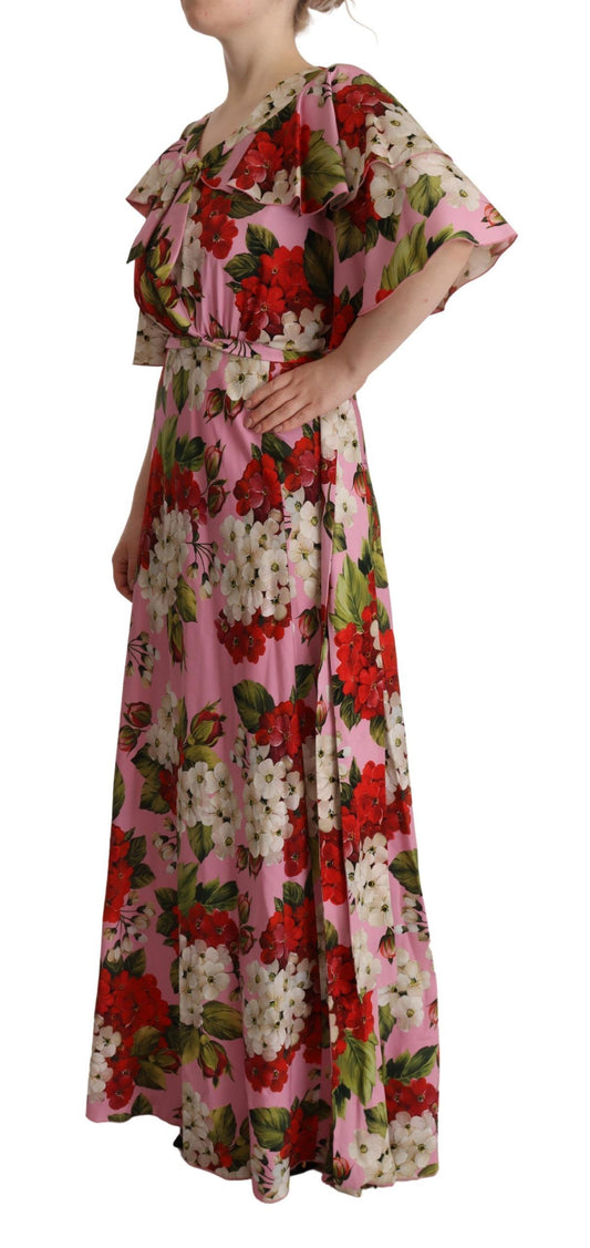 Abito lungo in seta elasticizzata con stampa floreale rosa Dolce &amp; Gabbana