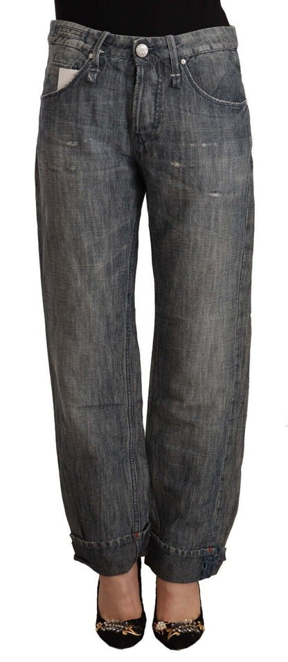 Jeans dritti in denim ramiè lavato grigio chiaro con orlo ripiegato