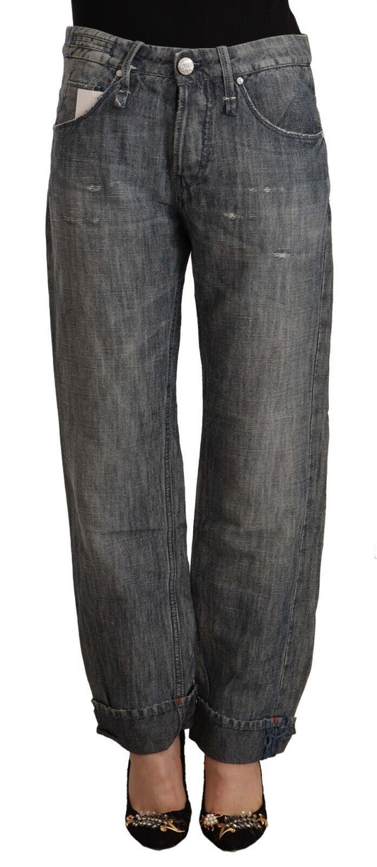 Jeans dritti in denim ramiè lavato grigio chiaro con orlo ripiegato