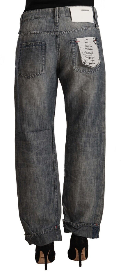 Jeans dritti in denim ramiè lavato grigio chiaro con orlo ripiegato