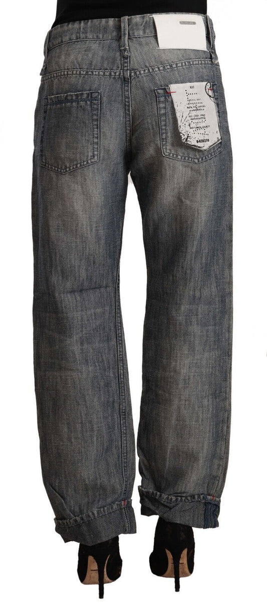 Jeans dritti in denim ramiè lavato grigio chiaro con orlo ripiegato
