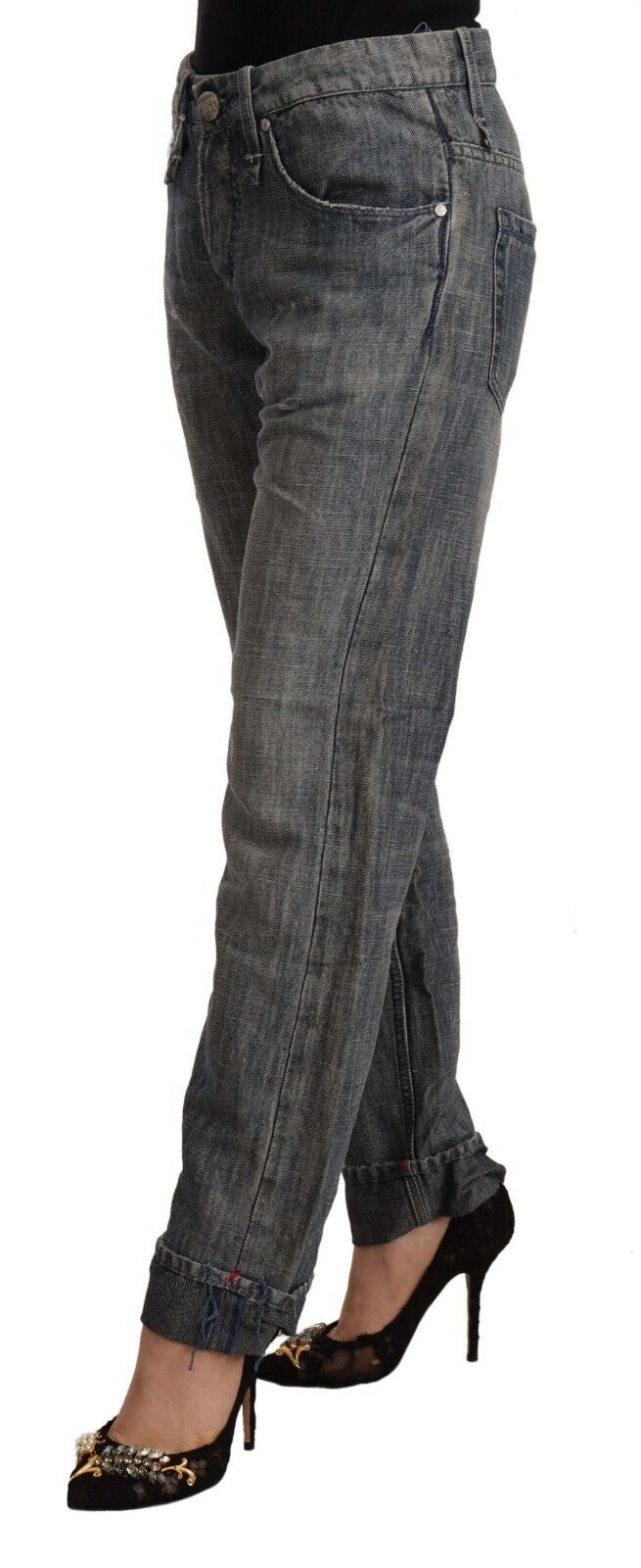 Jeans dritti in denim ramiè lavato grigio chiaro con orlo ripiegato