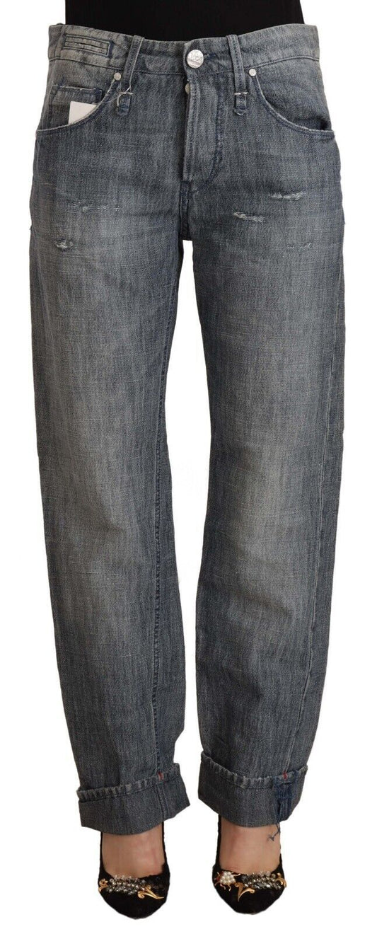 Jeans dritti a vita media in denim lavato grigio chiaro con orlo ripiegato