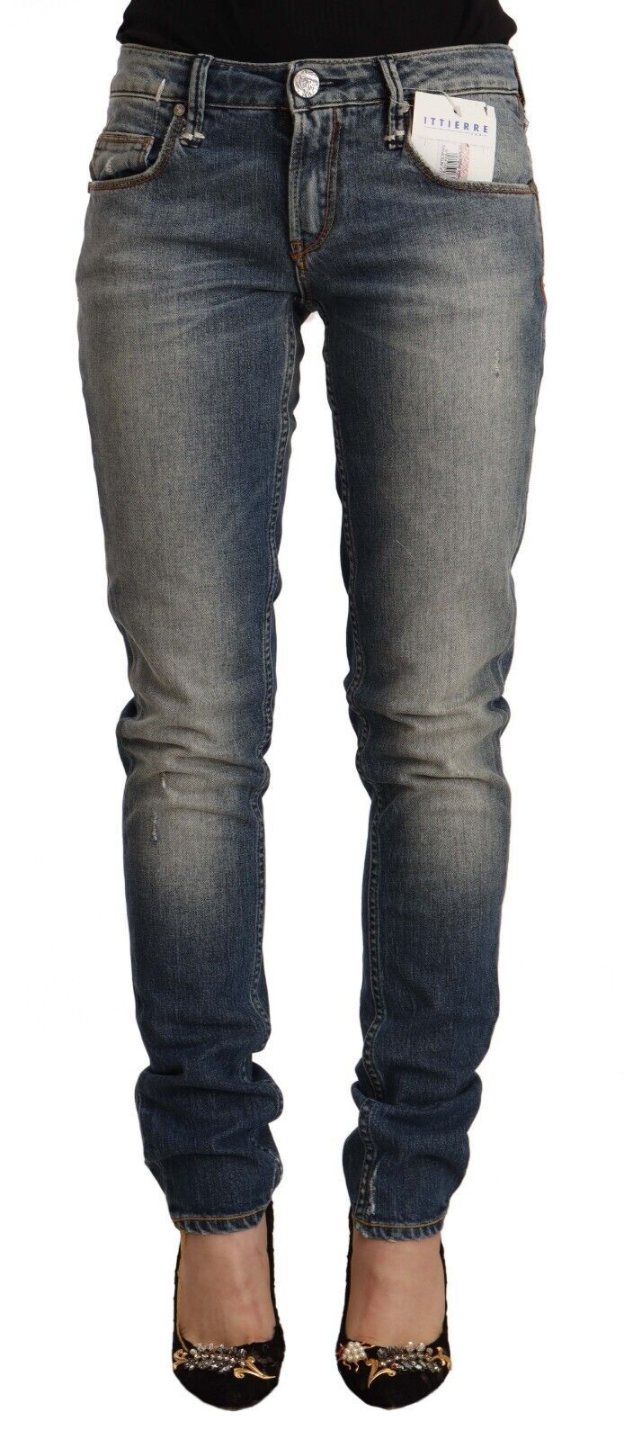 Jeans skinny a vita media in cotone lavato blu Acht