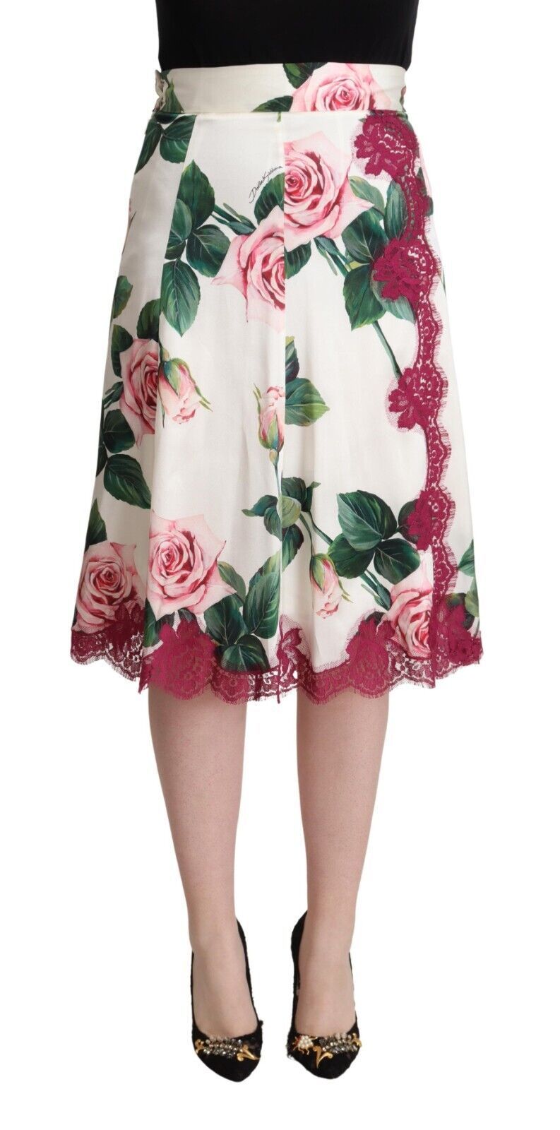 Gonna midi a trapezio con stampa di rose bianche Dolce &amp; Gabbana a vita alta