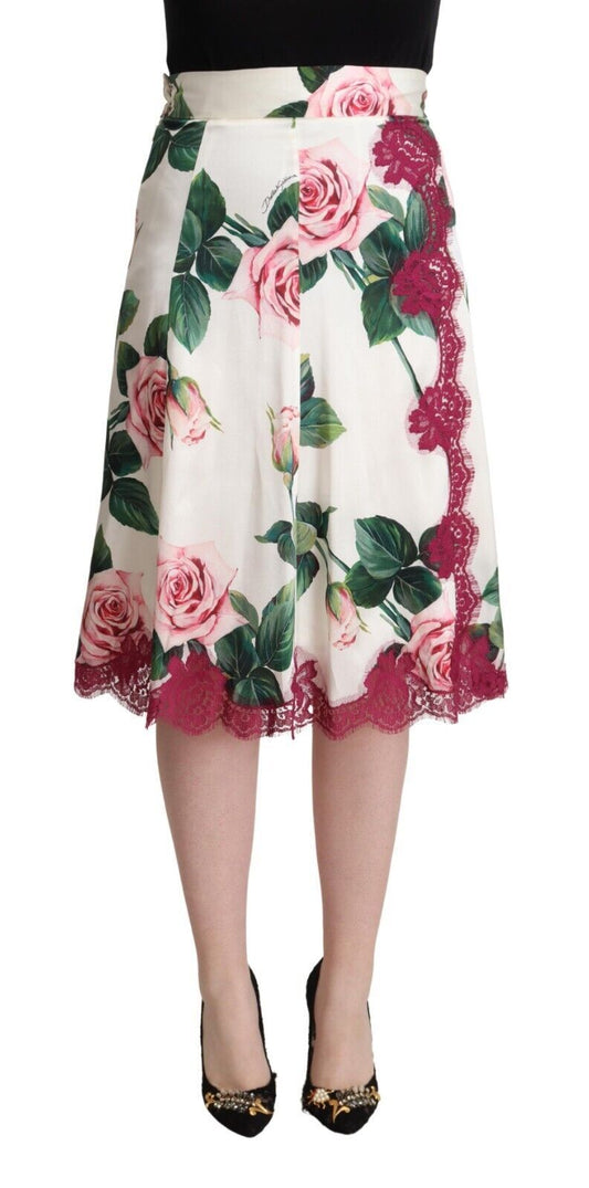 Gonna midi a trapezio con stampa di rose bianche Dolce &amp; Gabbana a vita alta