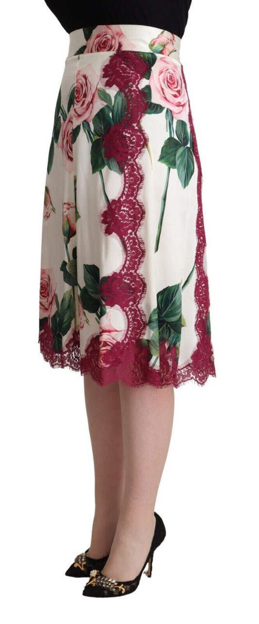 Gonna midi a trapezio con stampa di rose bianche Dolce &amp; Gabbana a vita alta