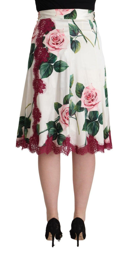 Gonna midi a trapezio con stampa di rose bianche Dolce &amp; Gabbana a vita alta