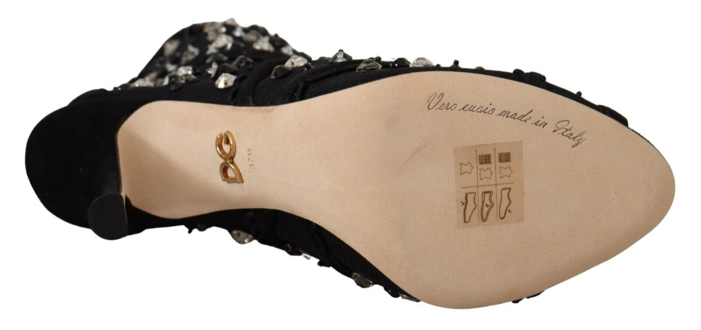 Dolce &amp; Gabbana - Stivaletti corti con tacco e cerniera in cristalli neri