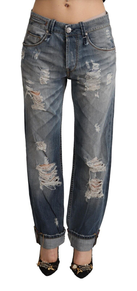 Jeans in denim dritto a vita media, strappati, blu acht
