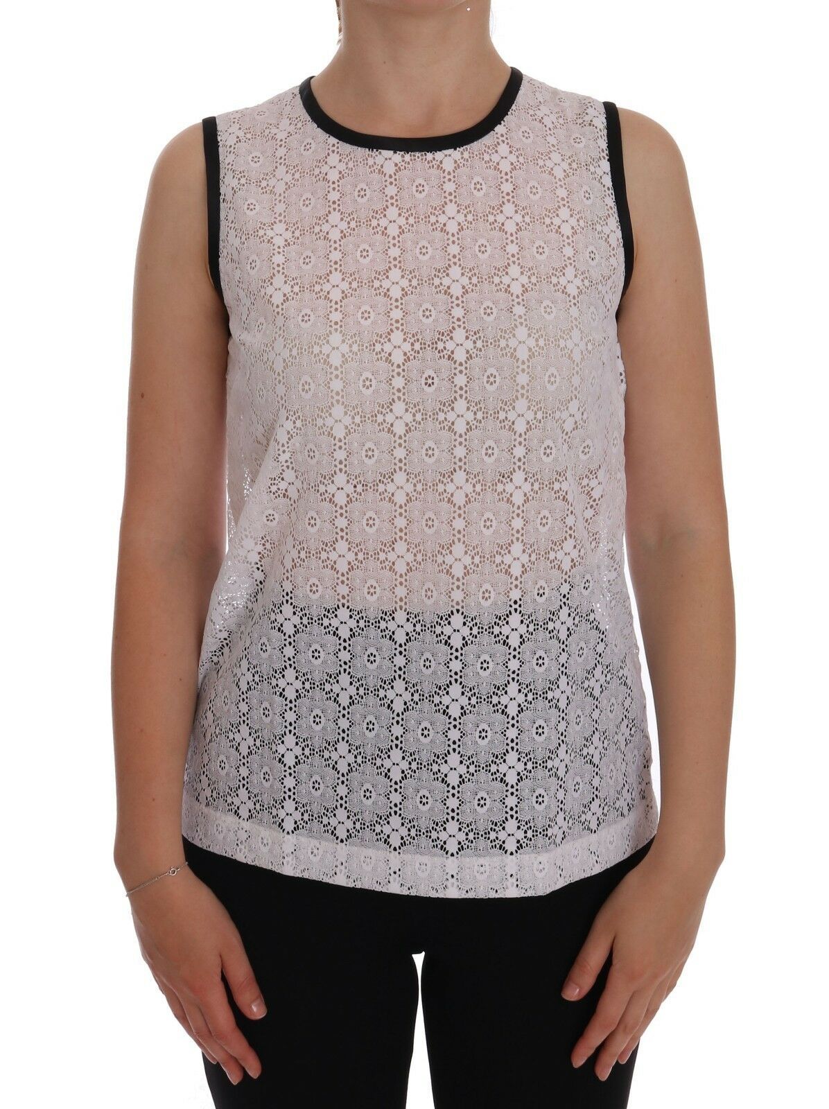 T-shirt in nylon con stampa floreale in pizzo bianco Dolce &amp; Gabbana