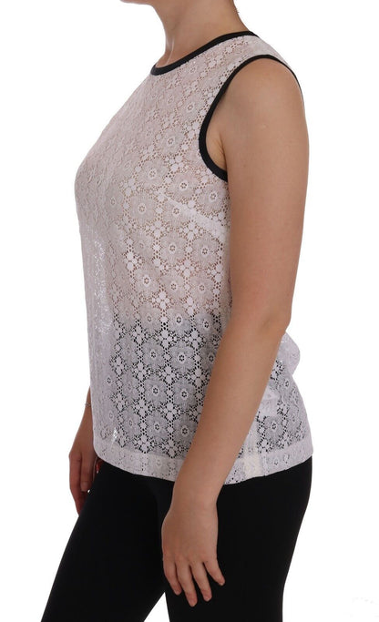 T-shirt in nylon con stampa floreale in pizzo bianco Dolce &amp; Gabbana