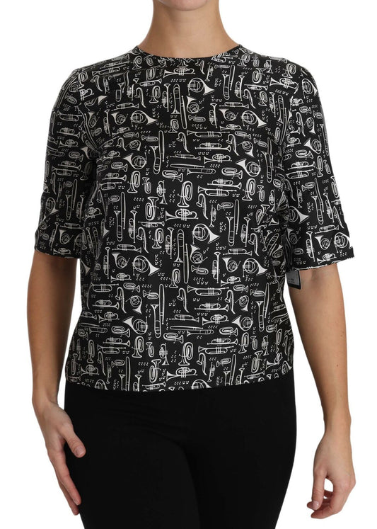 Blusa in seta con stampa di strumenti musicali neri Dolce &amp; Gabbana