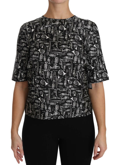 Blusa in seta con stampa di strumenti musicali neri Dolce &amp; Gabbana