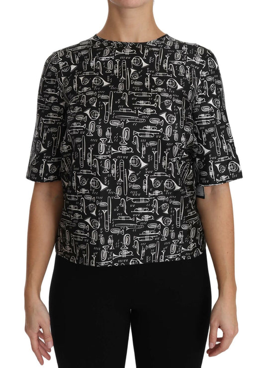 Blusa in seta con stampa di strumenti musicali neri Dolce &amp; Gabbana