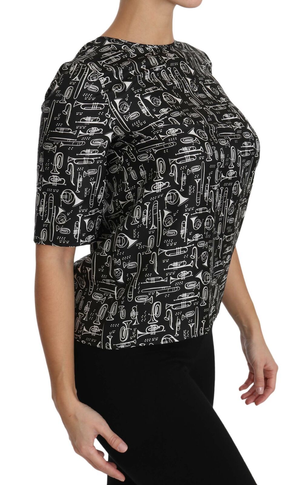 Blusa in seta con stampa di strumenti musicali neri Dolce &amp; Gabbana