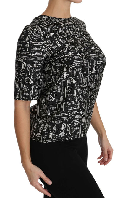 Blusa in seta con stampa di strumenti musicali neri Dolce &amp; Gabbana