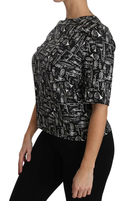 Blusa in seta con stampa di strumenti musicali neri Dolce &amp; Gabbana