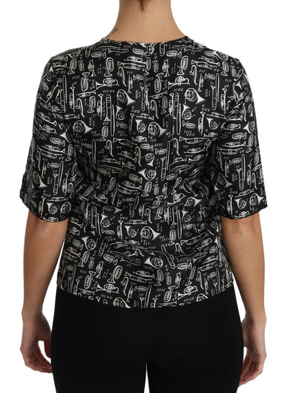 Blusa in seta con stampa di strumenti musicali neri Dolce &amp; Gabbana
