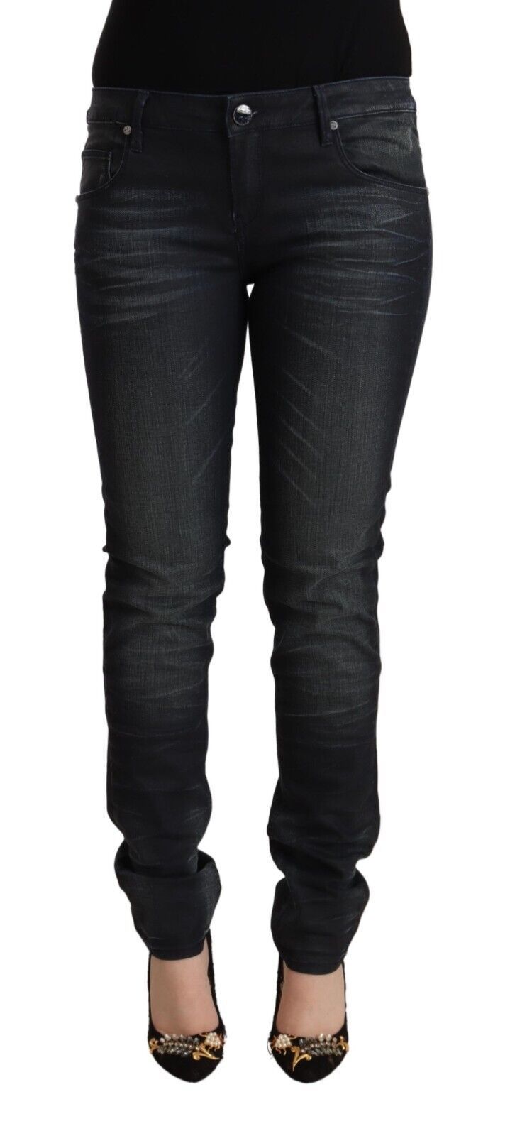 Jeans slim fit a vita bassa in cotone lavato nero Acht