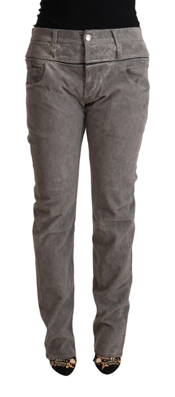 Pantaloni a vita alta in cotone grigio chiaro con vestibilità dritta