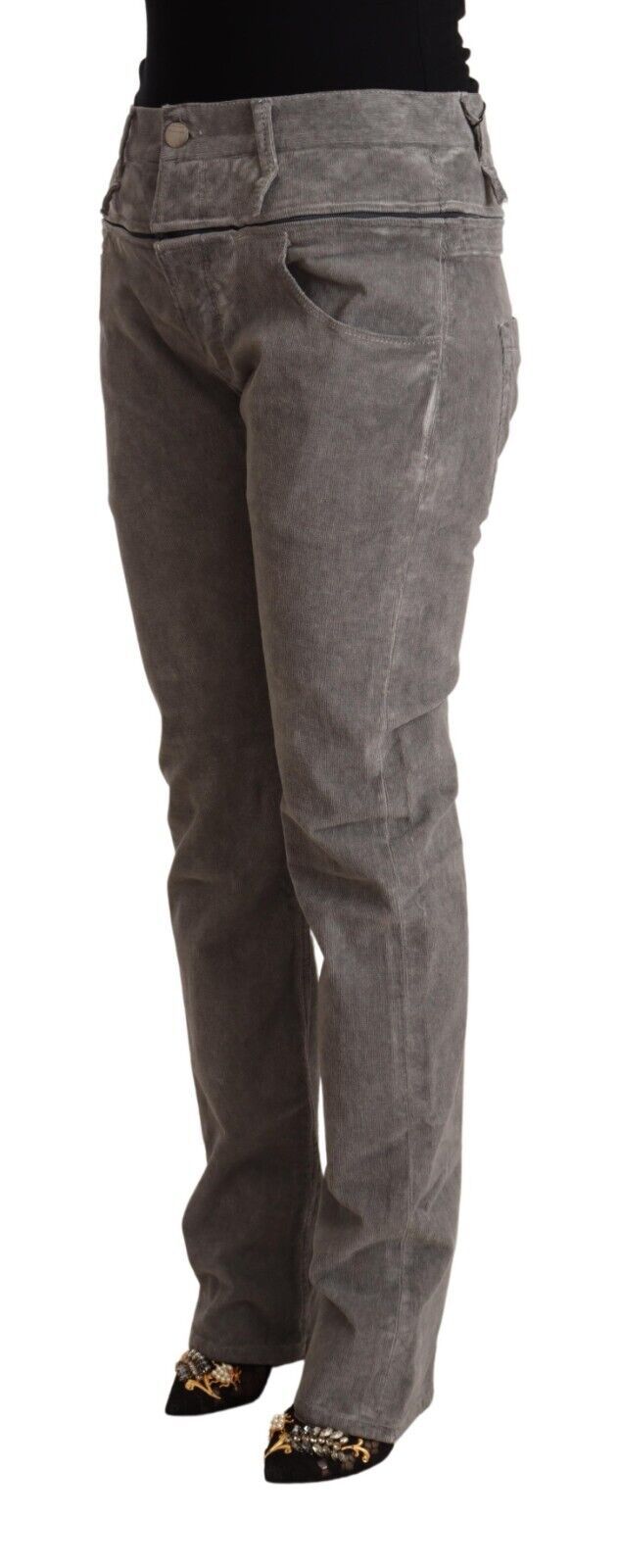Pantaloni a vita alta in cotone grigio chiaro con vestibilità dritta