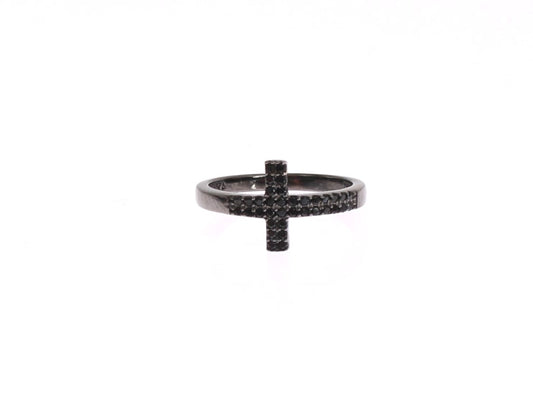 Anello Nialaya con croce in zirconia cubica nera e rodio 925