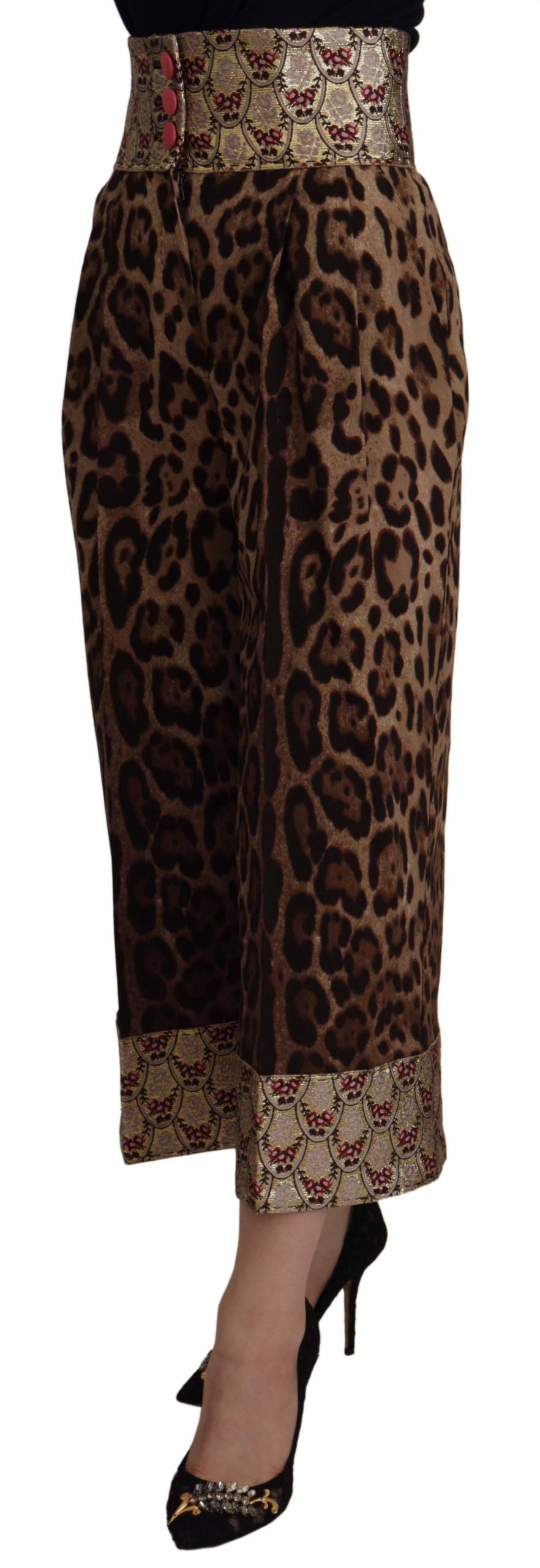 Pantaloni a vita alta in jacquard dorato leopardato marrone Dolce &amp; Gabbana
