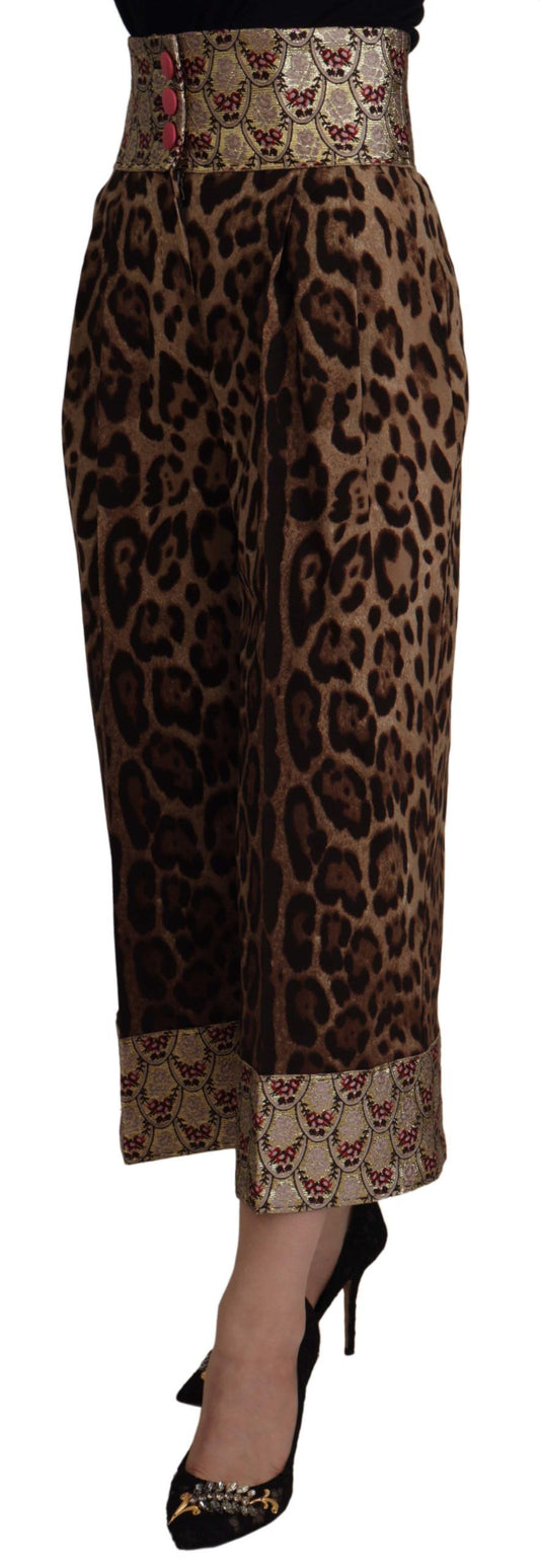Pantaloni a vita alta in jacquard dorato leopardato marrone Dolce &amp; Gabbana