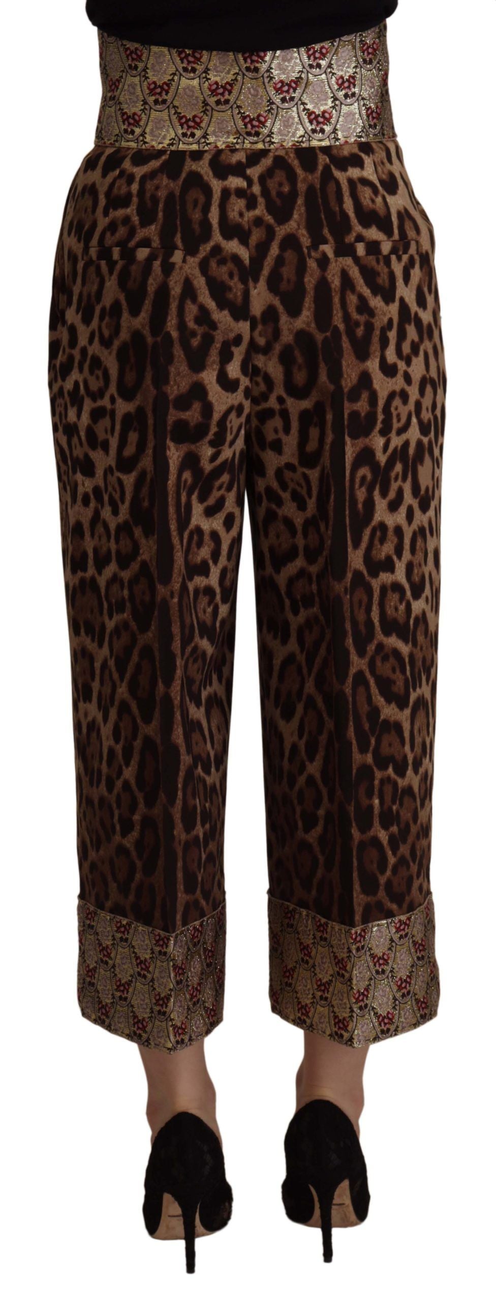 Pantaloni a vita alta in jacquard dorato leopardato marrone Dolce &amp; Gabbana