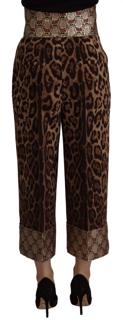 Pantaloni a vita alta in jacquard dorato leopardato marrone Dolce &amp; Gabbana
