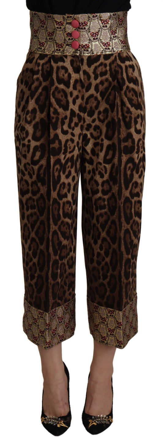 Pantaloni a vita alta in jacquard dorato leopardato marrone Dolce &amp; Gabbana
